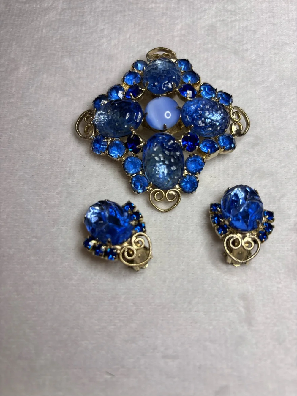 Vintage Czech Style Blue Art Glass Rhinestone Brooch & Clip Earrings Set